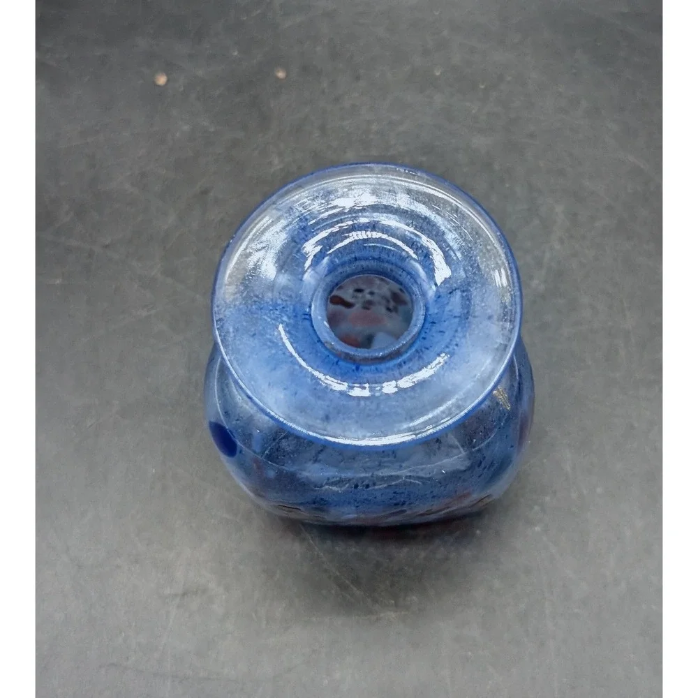Hand Blown Blue Confetti Art Glass Bud Vase Squared Bulbous Studio Glass 3in